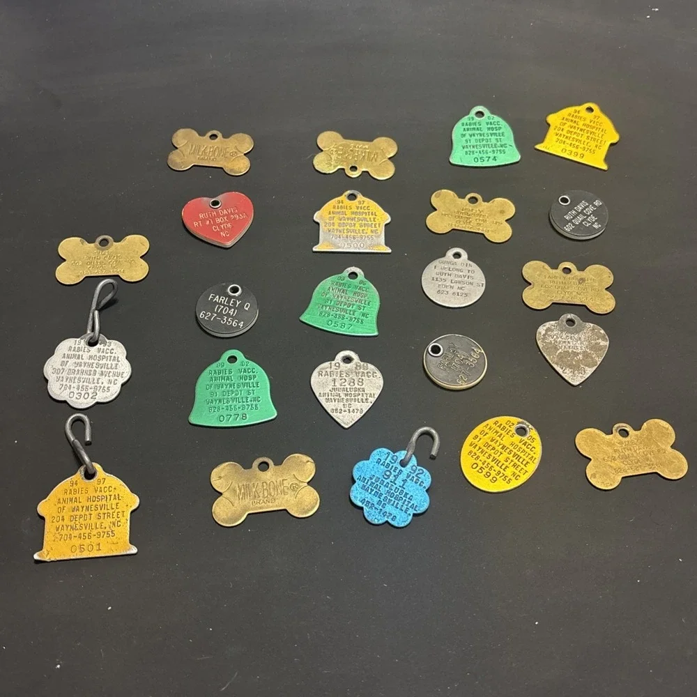 23 Vintage Dog Tags Rabies Vaccination Waynesville NC Pet ID Milk-Bone 1980s